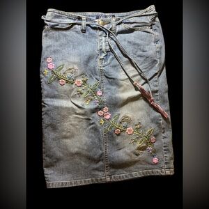 Vintage Y2K 90’s Angels Denim Pencil Skirt with Floral Embroidery